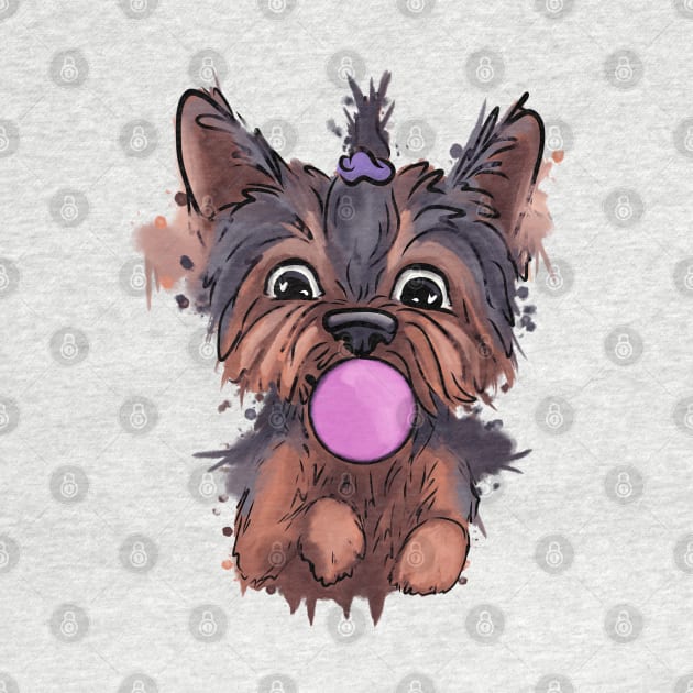 Cute, yorkie - puppy with bubble gum by Antiope